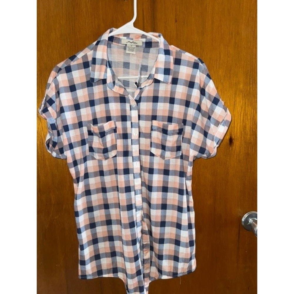 Love Potion Womens Plaid Button Down Shirt Peach Navy Blue Short Sleeve Size M